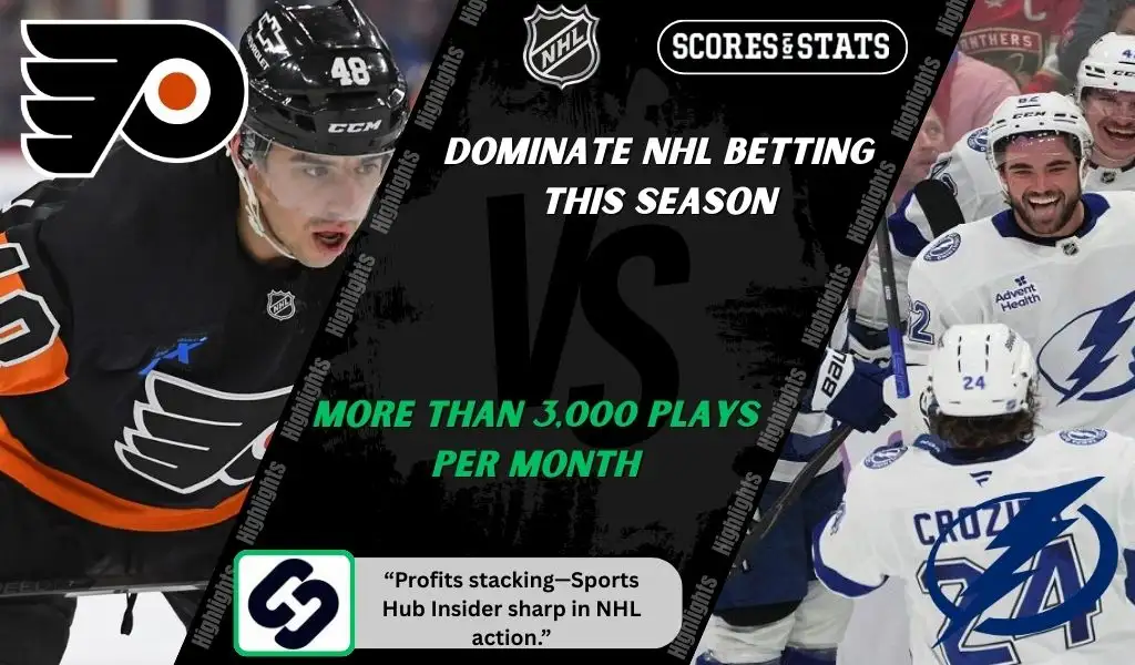 Philadelphia Flyers and Tampa Bay Lightning players featured in a matchup graphic promoting NHL picks and predictions for November 24, 2025, with ScoresAndStats branding