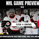 Home 21 NHL game preview featuring the Flyers vs. Senators with players celebrating and team logos displayed prominently above the text.