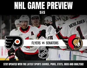 NHL game preview featuring the Flyers vs. Senators with players celebrating and team logos displayed prominently above the text.