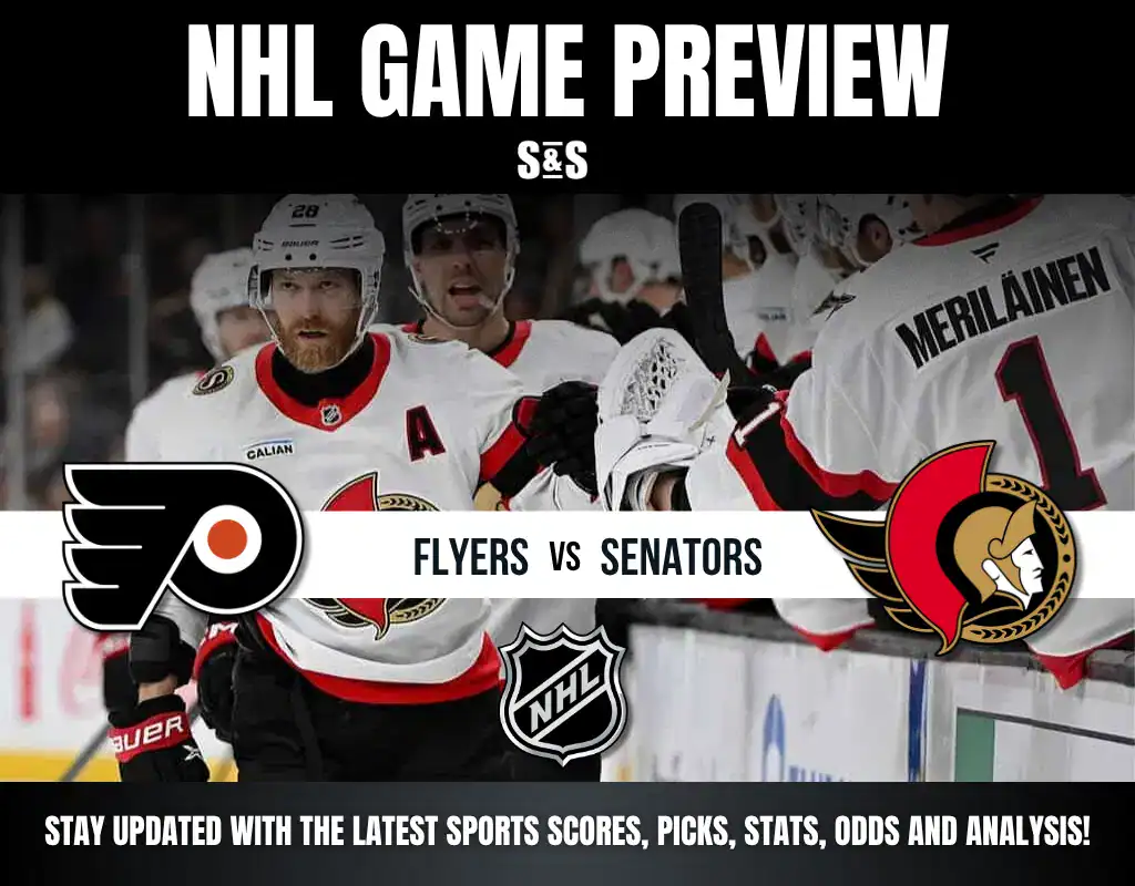Previews 7 NHL game preview featuring the Flyers vs. Senators with players celebrating and team logos displayed prominently above the text.