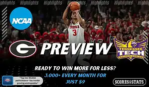 Georgia Bulldogs vs Tennessee Tech Golden Eagles preview graphic featuring NCAA basketball matchup promotion for November 29 2025.