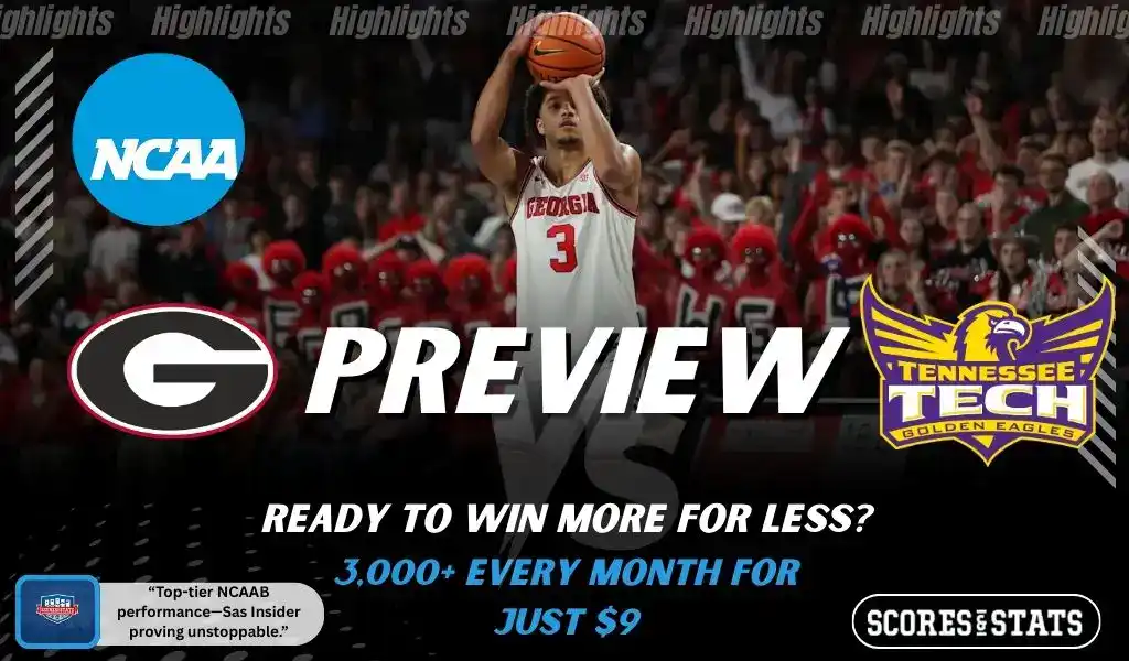 Georgia Bulldogs vs Tennessee Tech Golden Eagles preview graphic featuring NCAA basketball matchup promotion for November 29 2025.