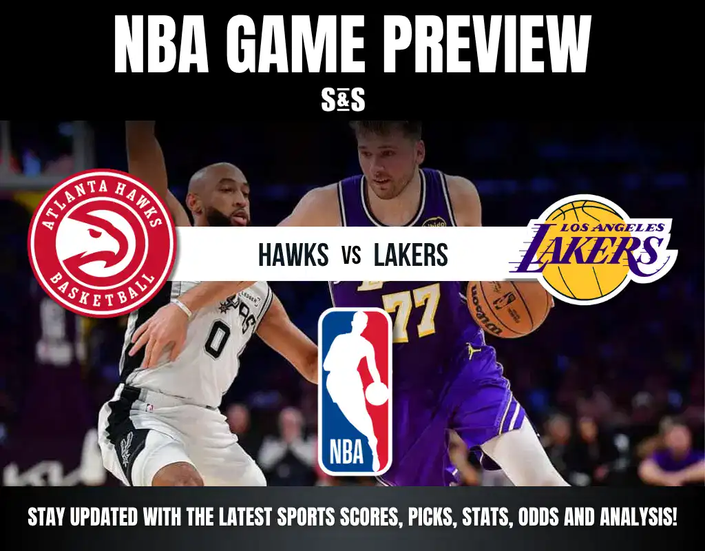 An NBA game preview featuring the Atlanta Hawks and Los Angeles Lakers, with graphics and text highlighting team logos and matchup.