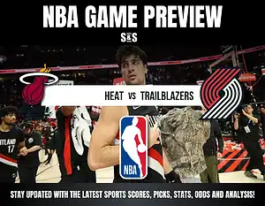 An NBA game preview graphic featuring logos of the Miami Heat and Portland Trail Blazers, with game details and promotional text.