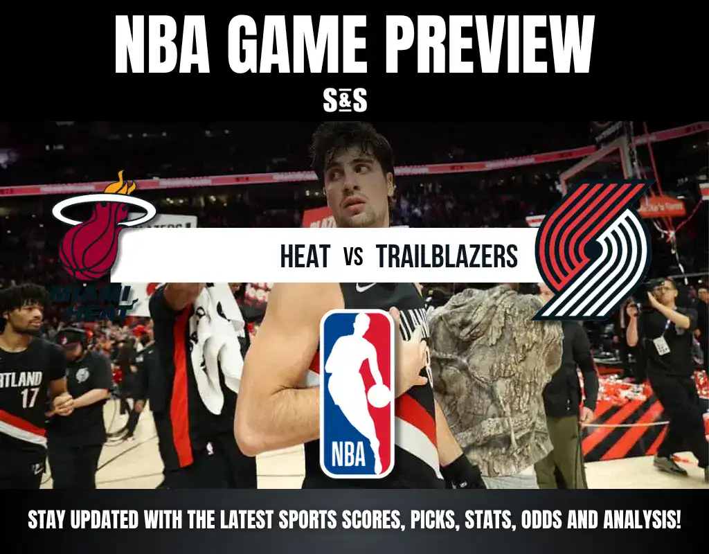 Previews 9 An NBA game preview graphic featuring logos of the Miami Heat and Portland Trail Blazers, with game details and promotional text.