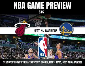 NBA Game Preview graphic featuring Heat vs Warriors matchup with team logos and an action shot from a basketball game.
