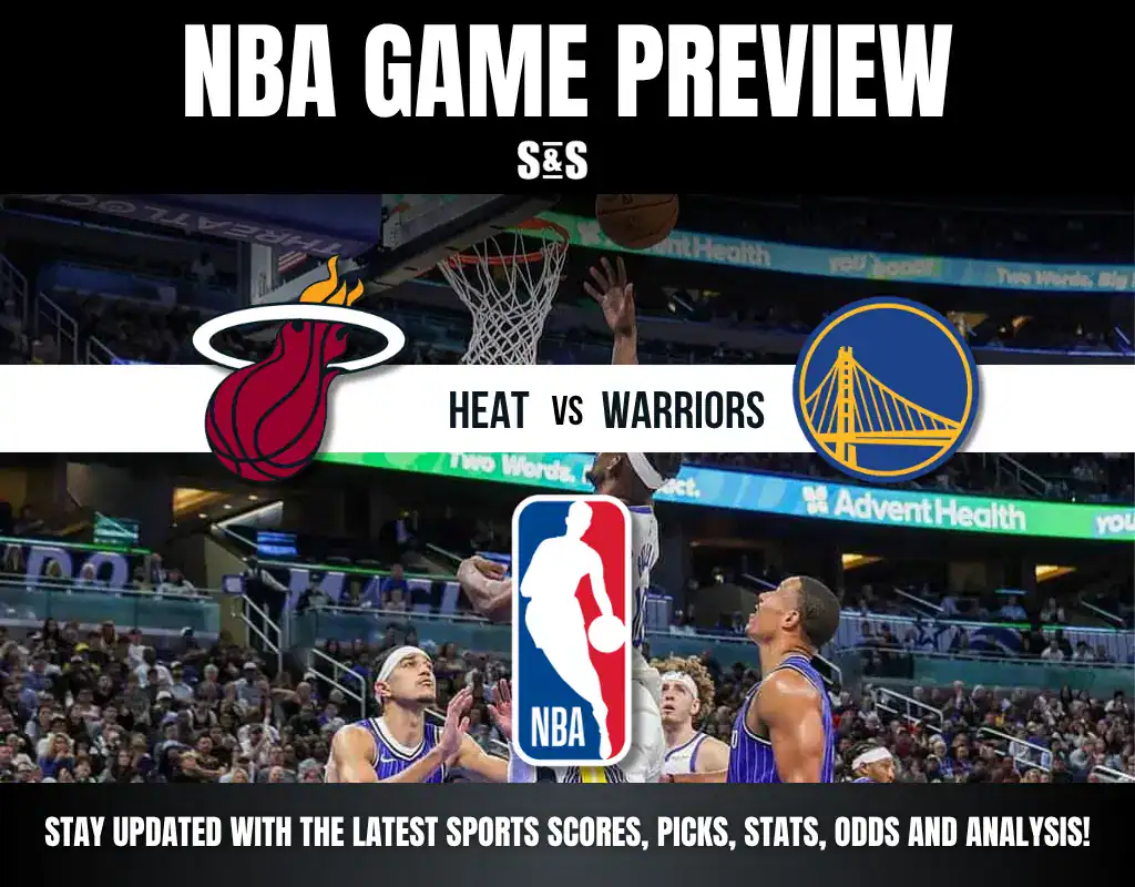 NBA Game Preview graphic featuring Heat vs Warriors matchup with team logos and an action shot from a basketball game.