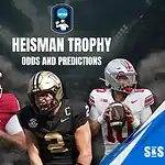Home 32 Three college football players in uniforms with the text "Heisman Trophy Odds and Predictions" overlaying the image.