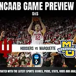 An Indiana basketball player shoots while defenders and fans watch in the background, featuring an NCAA game preview.