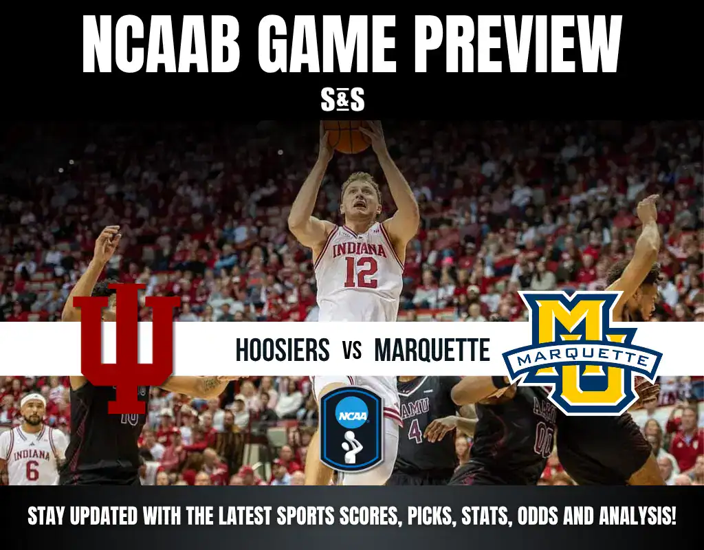An Indiana basketball player shoots while defenders and fans watch in the background, featuring an NCAA game preview.