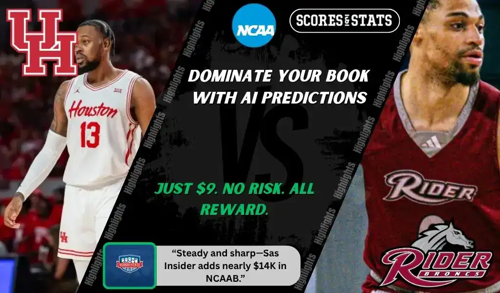 Previews 10 College basketball promo graphic featuring Houston Cougars and Rider Broncs players with team logos and Scores and Stats branding, highlighting betting picks and predictions for their November 20, 2025 matchup.