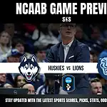 Home 44 NCAA basketball game preview between Huskies and Lions, featuring team logos and details on sports updates and analysis.