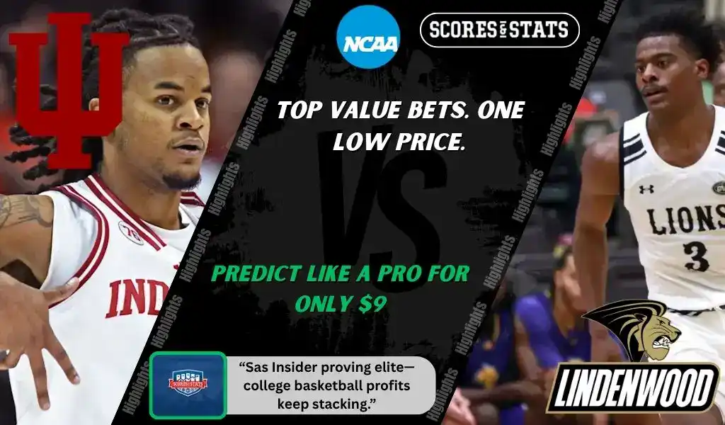 College basketball promo graphic featuring Indiana Hoosiers and Lindenwood Lions players with team logos and Scores and Stats branding, highlighting betting picks and predictions for their November 20, 2025 matchup.