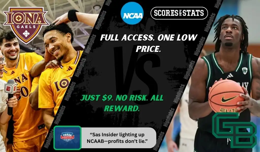 Iona Gaels and Green Bay Phoenix players featured in a matchup graphic promoting NCAAB picks and predictions for November 24, 2025, with ScoresAndStats branding
