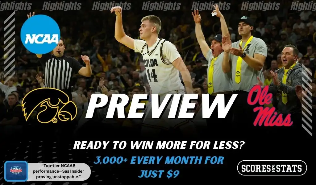 Iowa Hawkeyes and Ole Miss Rebels players featured in a matchup graphic promoting NCAAB picks and predictions for November 25, 2025, with ScoresAndStats branding