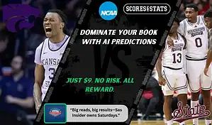 College basketball promo graphic featuring Kansas State Wildcats and Mississippi State Bulldogs players with team logos and Scores and Stats branding, promoting betting picks and predictions for their November 20, 2025 matchup.