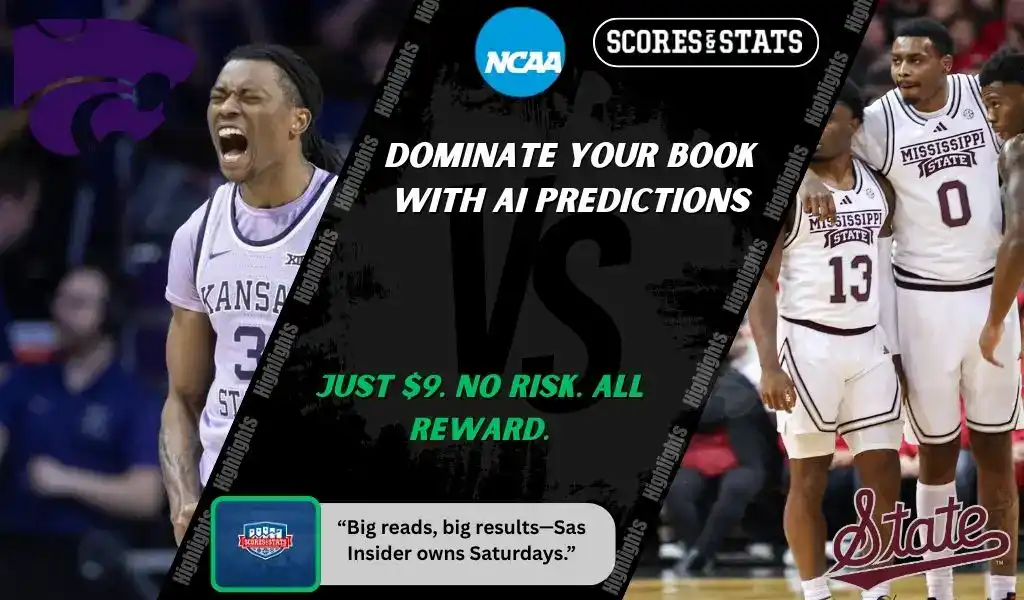 College basketball promo graphic featuring Kansas State Wildcats and Mississippi State Bulldogs players with team logos and Scores and Stats branding, promoting betting picks and predictions for their November 20, 2025 matchup.
