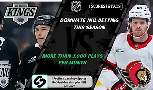 Los Angeles Kings and Ottawa Senators players featured in a matchup graphic promoting NHL picks and predictions for November 24, 2025, with ScoresAndStats branding