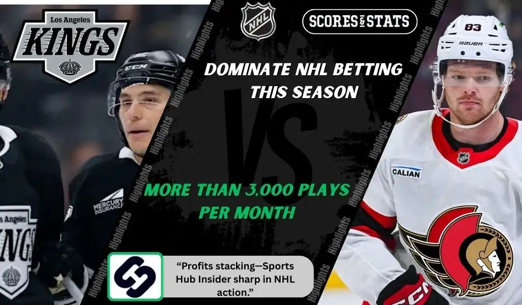 Los Angeles Kings and Ottawa Senators players featured in a matchup graphic promoting NHL picks and predictions for November 24, 2025, with ScoresAndStats branding