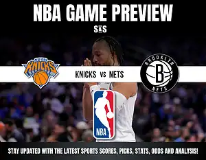 NBA game preview featuring New York Knicks vs. Brooklyn Nets, with team logos and promotional text for sports updates and analysis.
