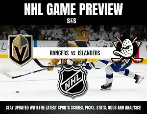 NHL game preview featuring logos of Vegas Golden Knights, Rangers, and Islanders, with players engaged in an intense action-filled moment.