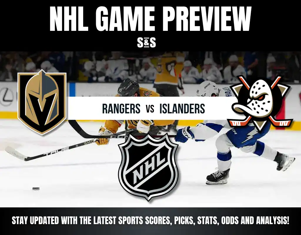 NHL game preview featuring logos of Vegas Golden Knights, Rangers, and Islanders, with players engaged in an intense action-filled moment.