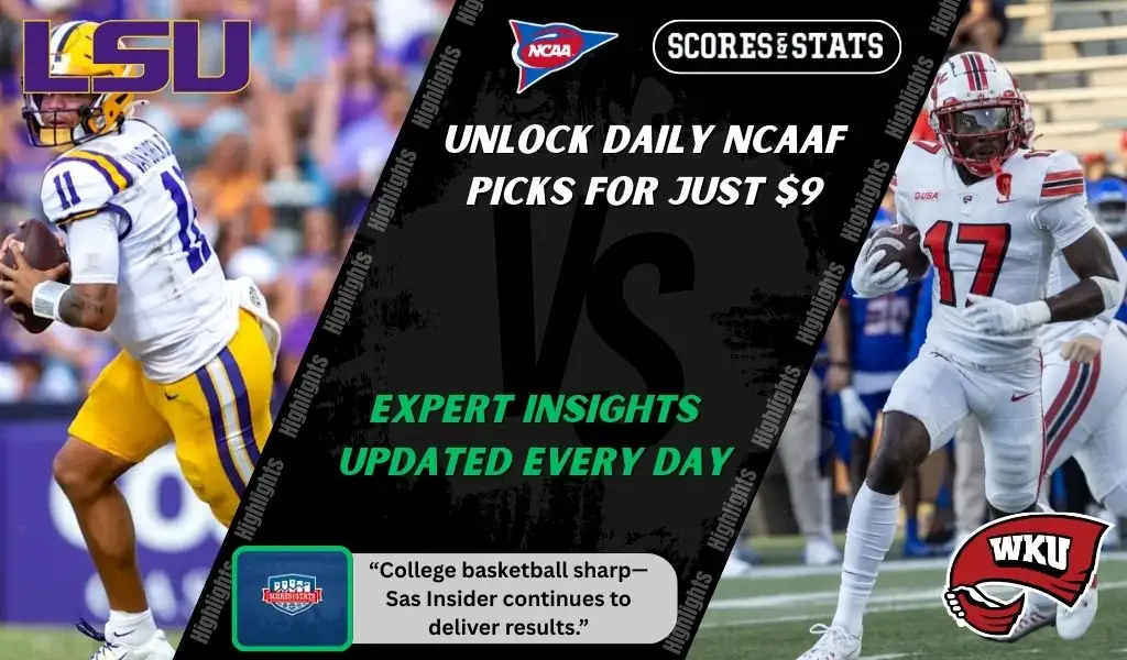 College football promo graphic featuring LSU Tigers and Western Kentucky Hilltoppers players with team logos and Scores and Stats branding, promoting betting picks and predictions for their November 22, 2025 matchup.