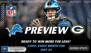 Detroit Lions quarterback preparing to throw alongside Green Bay Packers logo in an NFL matchup graphic promoting picks and predictions for November 27, 2025, with ScoresAndStats branding