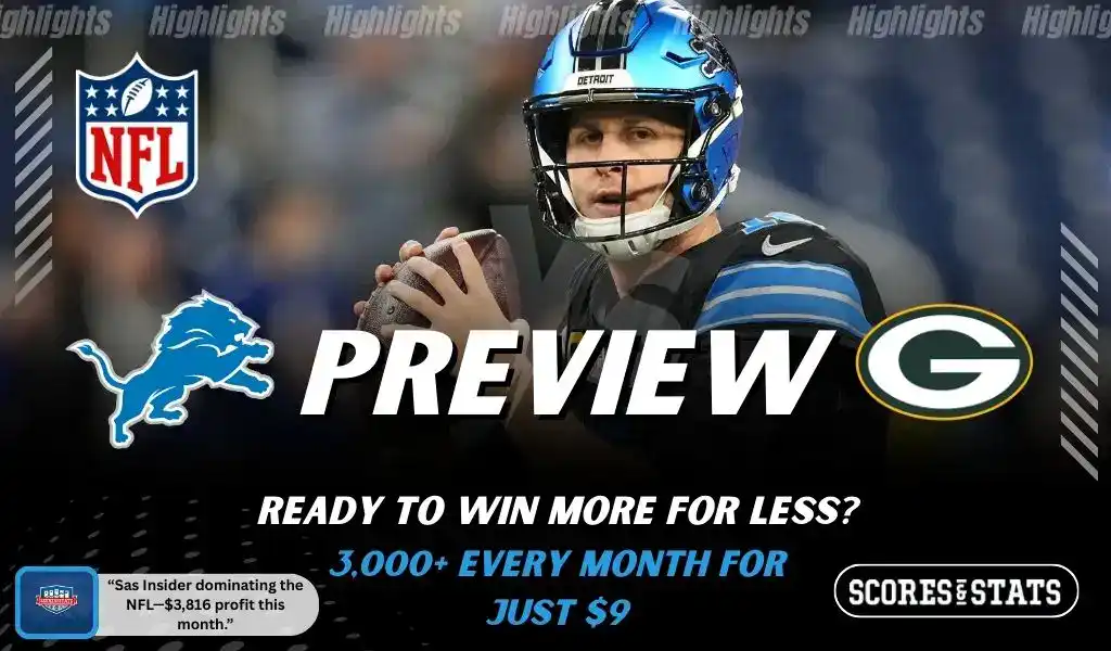 Detroit Lions quarterback preparing to throw alongside Green Bay Packers logo in an NFL matchup graphic promoting picks and predictions for November 27, 2025, with ScoresAndStats branding