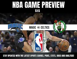 An NBA game preview featuring Orlando Magic vs. Boston Celtics, with logos and promotional text at the top and bottom.