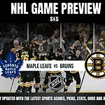 A vibrant NHL game preview featuring the Toronto Maple Leafs vs. Boston Bruins, highlighting players and an energetic crowd.