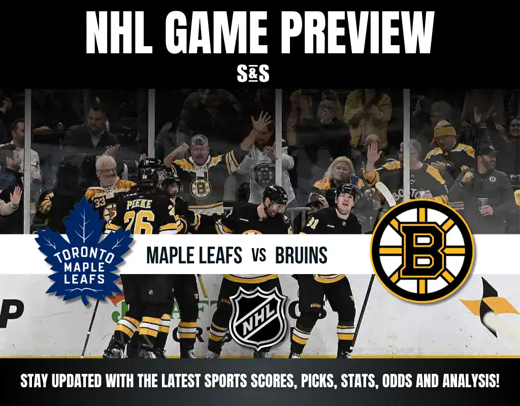 A vibrant NHL game preview featuring the Toronto Maple Leafs vs. Boston Bruins, highlighting players and an energetic crowd.
