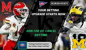 College football promo graphic featuring Maryland Terrapins and Michigan Wolverines players with team logos and Scores and Stats branding, promoting betting picks and predictions for their November 22, 2025 matchup.
