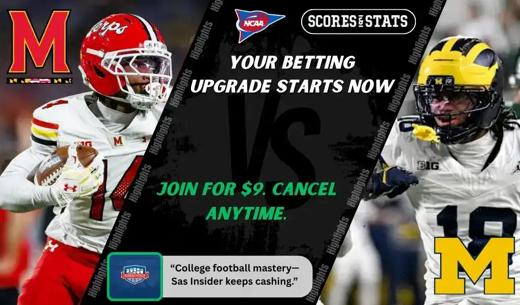 NCAAF 1 College football promo graphic featuring Maryland Terrapins and Michigan Wolverines players with team logos and Scores and Stats branding, promoting betting picks and predictions for their November 22, 2025 matchup.