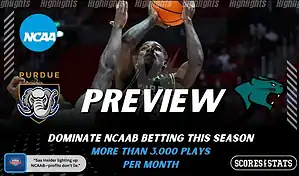 Purdue Fort Wayne Mastodons and Chicago State Cougars players featured in a matchup graphic promoting NCAAB picks and predictions for November 25, 2025, with ScoresAndStats branding