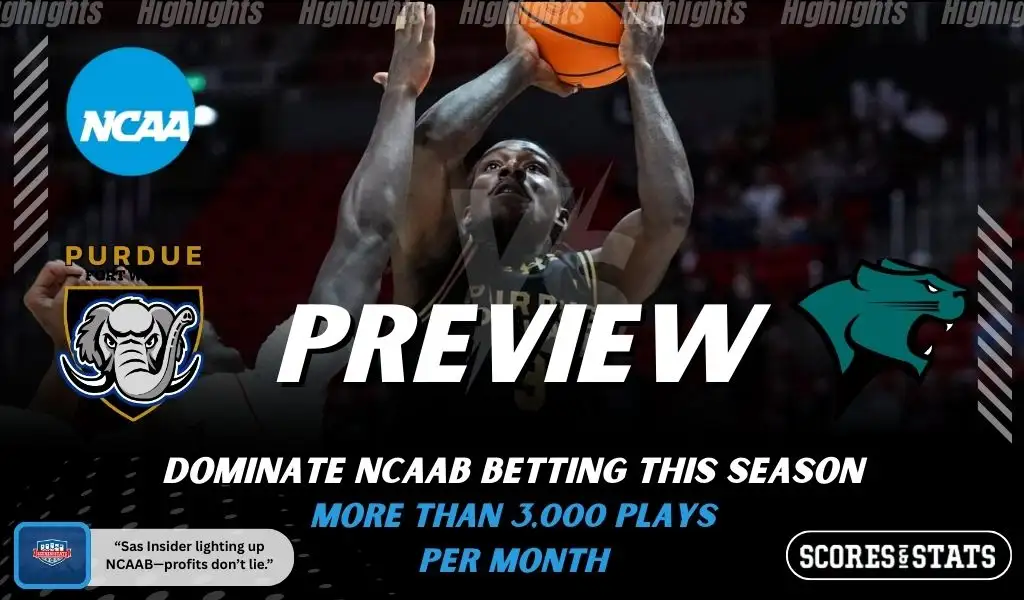 Purdue Fort Wayne Mastodons and Chicago State Cougars players featured in a matchup graphic promoting NCAAB picks and predictions for November 25, 2025, with ScoresAndStats branding