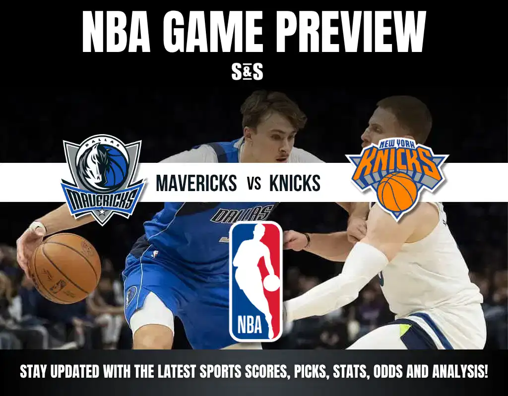 NBA Game Preview featuring Dallas Mavericks vs. New York Knicks, with team logos and basketball action highlighted.