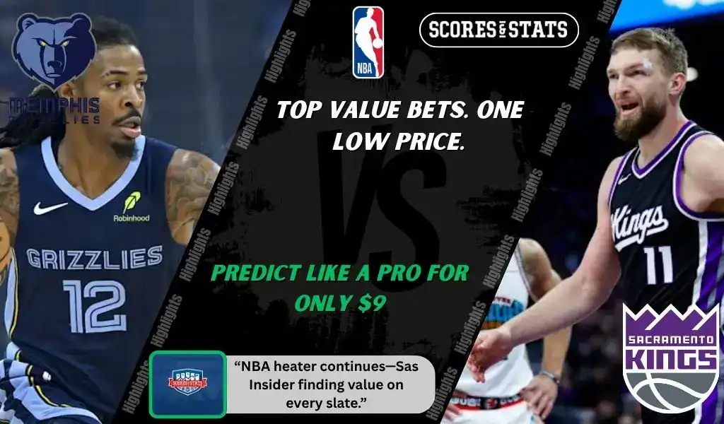 NBA promo graphic featuring Memphis Grizzlies and Sacramento Kings players with team logos and Scores and Stats branding, promoting betting picks and predictions for their November 20, 2025 matchup.