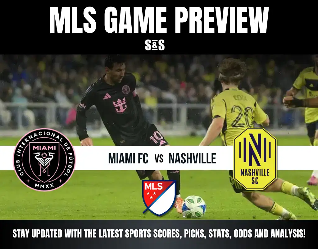 An MLS game preview image featuring Miami FC and Nashville SC logos, highlighting the upcoming matchup and key sports updates.