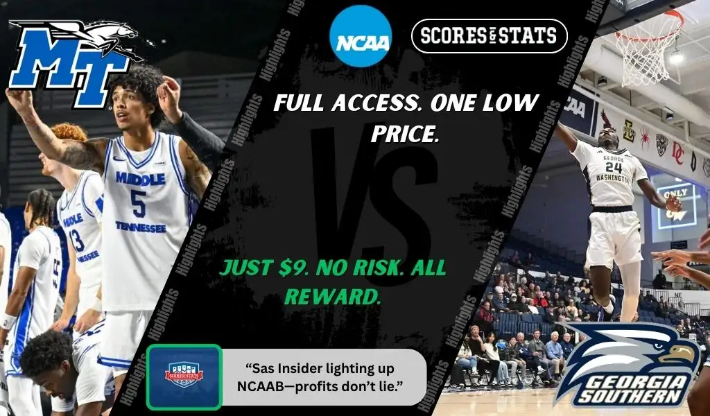 Previews 9 Middle Tennessee Blue Raiders and George Washington Revolutionaries players featured in a matchup graphic promoting NCAAB picks and predictions for November 24, 2025, with ScoresAndStats branding