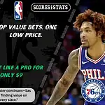 Home 13 NBA promo graphic featuring Milwaukee Bucks and Philadelphia 76ers players with team logos and Scores and Stats branding, promoting betting picks and predictions for their November 20, 2025 matchup.