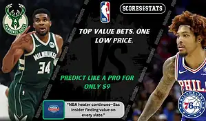 NBA promo graphic featuring Milwaukee Bucks and Philadelphia 76ers players with team logos and Scores and Stats branding, promoting betting picks and predictions for their November 20, 2025 matchup.