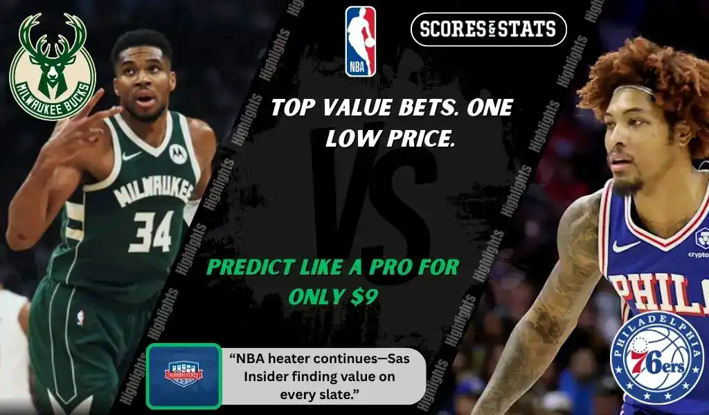 NBA promo graphic featuring Milwaukee Bucks and Philadelphia 76ers players with team logos and Scores and Stats branding, promoting betting picks and predictions for their November 20, 2025 matchup.