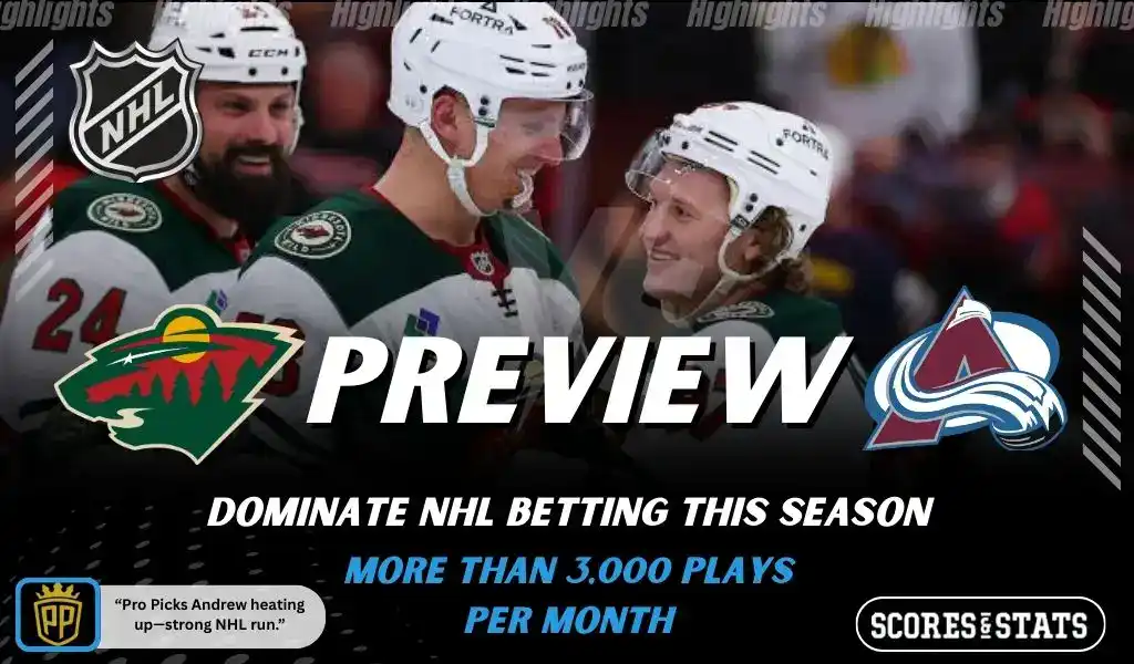 Minnesota Wild vs Colorado Avalanche NHL preview graphic for November 28, 2025 featuring players celebrating and both team logos.