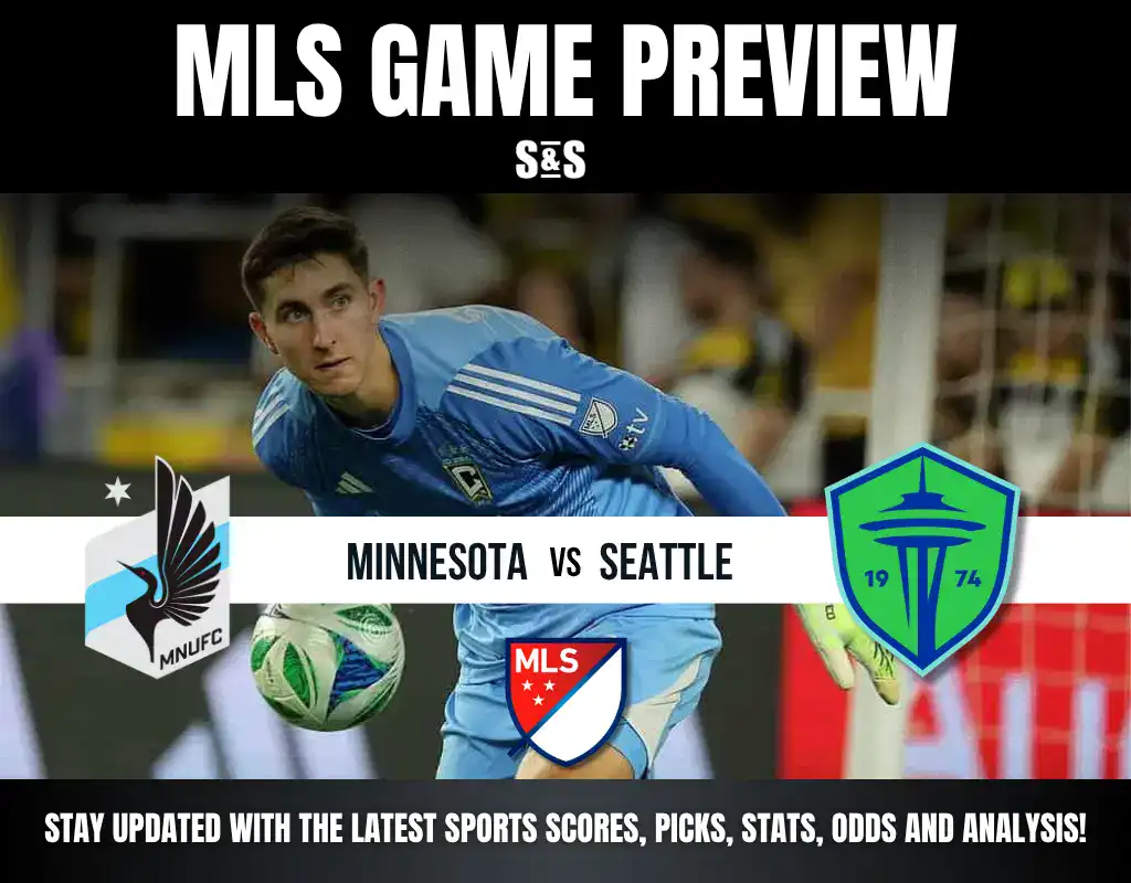 MLS Game Preview graphic featuring Minnesota United and Seattle Sounders logos, with a goalkeeper in action.
