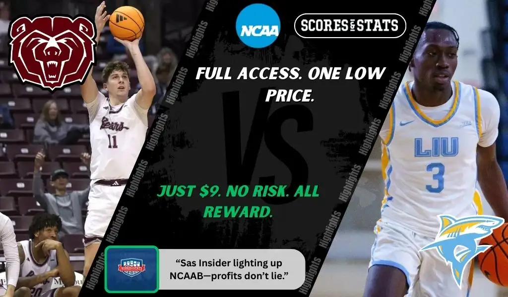 Missouri State Bears and LIU Sharks players featured in a matchup graphic promoting NCAAB picks and predictions for November 24, 2025, with ScoresAndStats branding