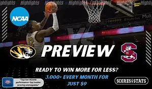 Missouri Tigers and South Carolina State Bulldogs players featured in a matchup graphic promoting NCAAB picks and predictions for November 25, 2025, with ScoresAndStats branding