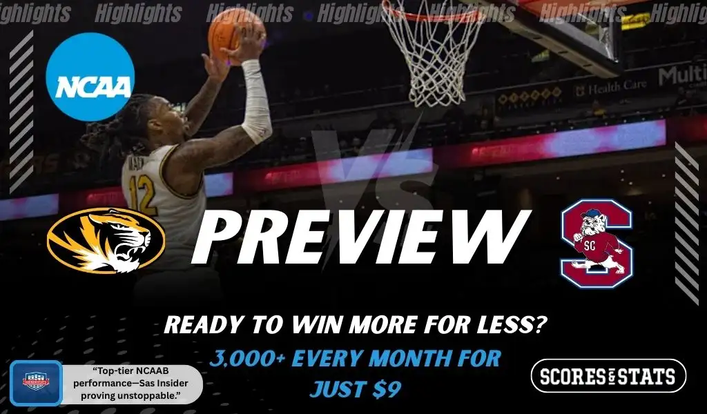 Missouri Tigers and South Carolina State Bulldogs players featured in a matchup graphic promoting NCAAB picks and predictions for November 25, 2025, with ScoresAndStats branding