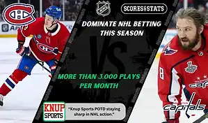 NHL promo graphic featuring Montreal Canadiens and Washington Capitals players with team logos and Scores and Stats branding, highlighting betting picks and predictions for their November 20, 2025 matchup.
