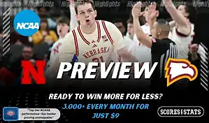 Nebraska Cornhuskers and Winthrop Eagles players featured in a matchup graphic promoting NCAAB picks and predictions for November 25, 2025, with ScoresAndStats branding